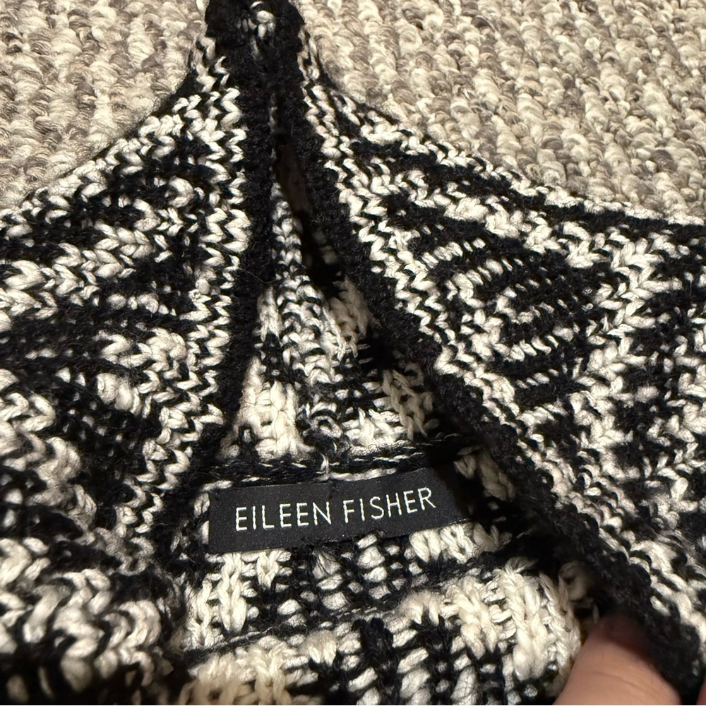 Eileen Fisher Black and Cream Chevron Turtleneck Sweater - Picture 3 of 9
